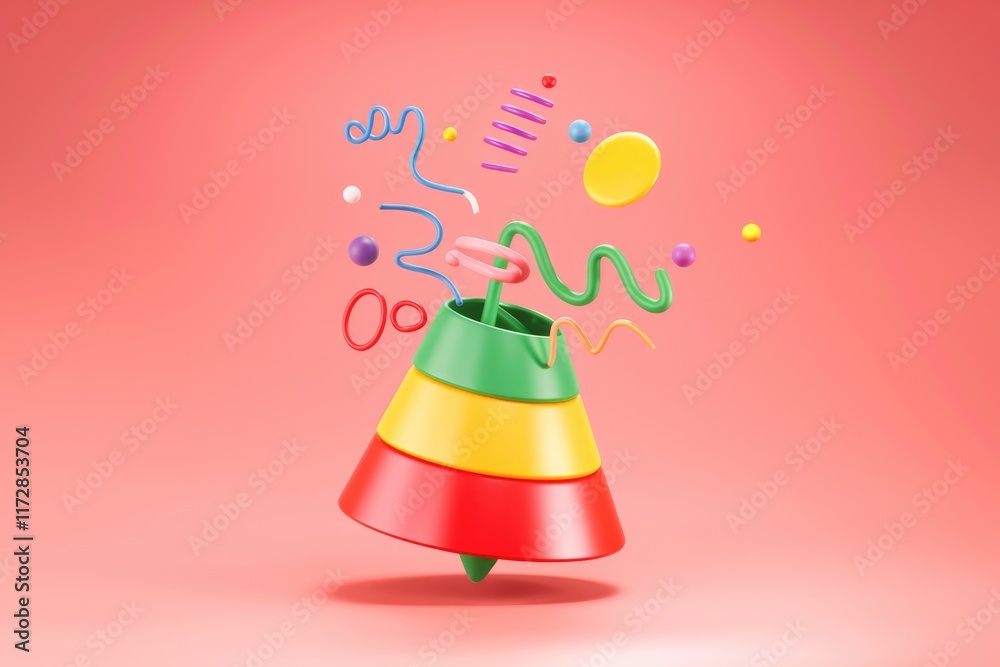 Poster A colorful layered cone with playful 3D shapes and lines floating around it.