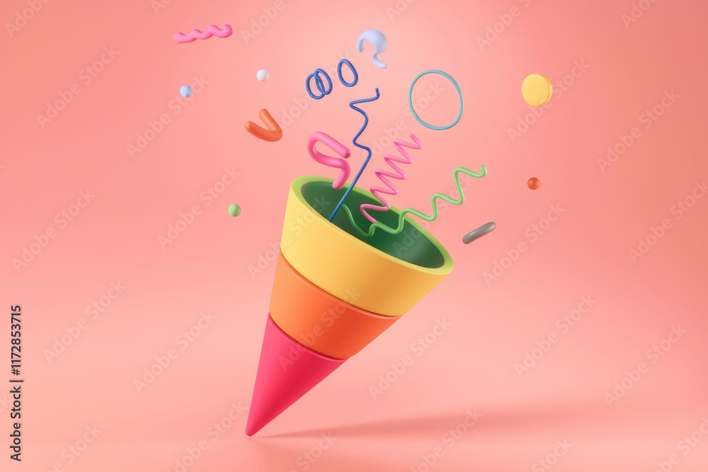 Poster colorful 3d shapes and lines erupt from a layered cone against a pink background.