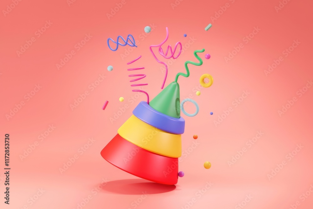 Poster A colorful 3D rendering of a layered cone party hat with playful shapes and confetti.