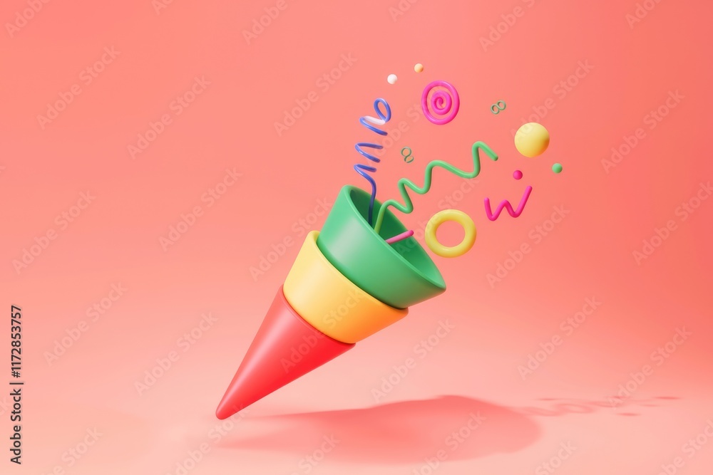 Poster colorful cone erupting with playful 3d shapes and swirls, celebrating joy and fun.