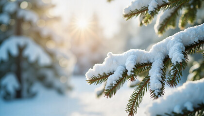 Snow-covered pine branch in winter sunlight
