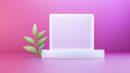 Elegant White Product Display Platform with Green Leaves on Pink Background