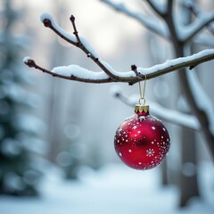 A lone red Christmas ornament hangs motionless from a bare tree branch in stillness, Christmas, peaceful, stillness