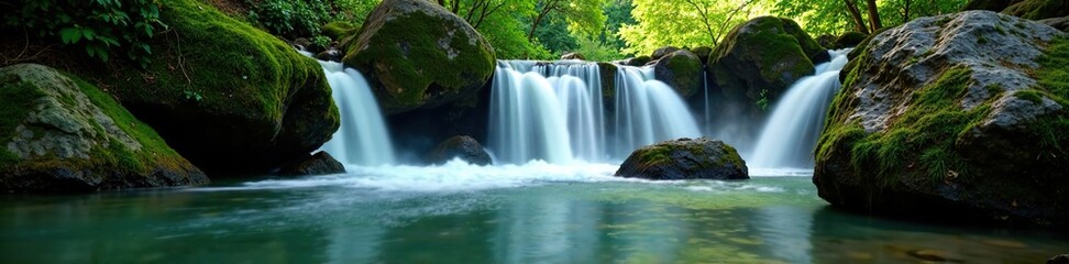 Fototapeta premium A gentle stream flowing into a peaceful waterfall, water, forest, waterfall