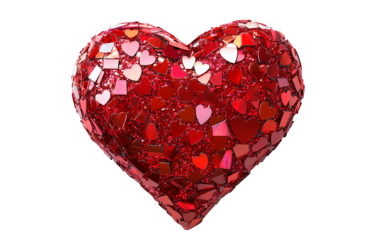 Shiny red glitter heart with a sparkling texture isolated on white transparent background. Concept of love, romance, and celebration