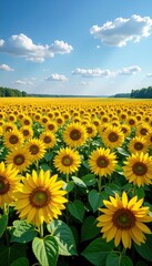 A vast expanse of sunflowers stretches towards the horizon, wheat, flowers
