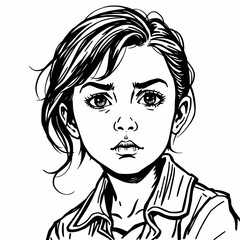 Young Girl Portrait: A black and white illustration featuring a close-up portrait of a young girl, her gaze intense and compelling, with a hint of vulnerability in her expression.