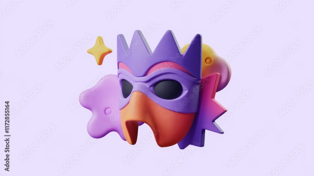 Poster a vibrant 3d render of a stylized mask, adorned with colorful abstract shapes and a star.