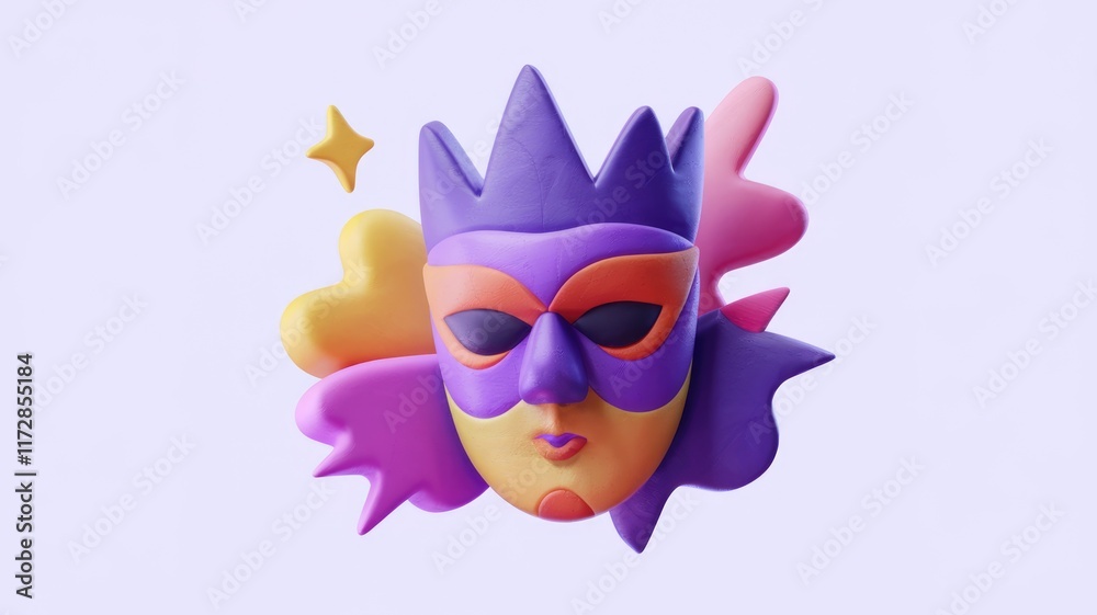 Aufkleber a vibrant 3d-rendered mask with a crown, adorned with colorful abstract shapes.