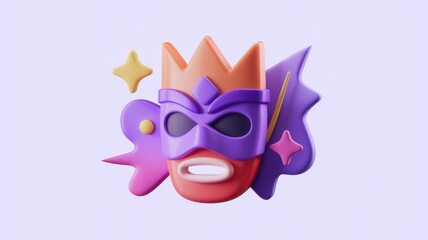 A 3D rendered illustration of a vibrant cartoon superhero mask with a crown, decorated with colorful abstract elements.