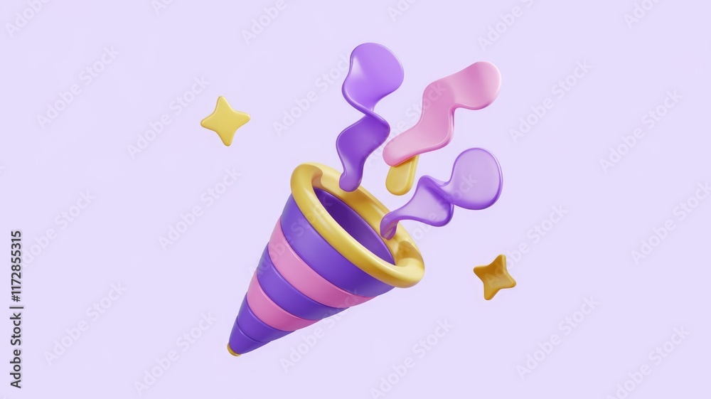 Poster A 3D rendered image of a colorful party popper with confetti, celebrating festivity and joy.