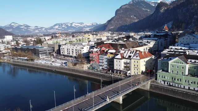 view of the town kufstein in Austria Tyrol with winter landscape 4k