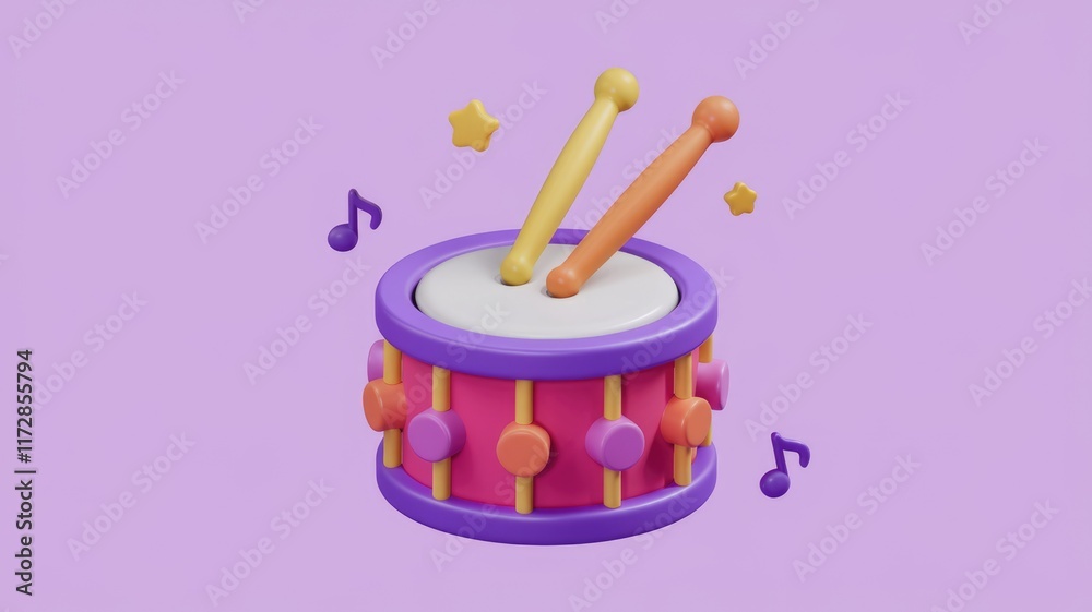 Aufkleber a colorful 3d render of a toy drum with drumsticks and musical notes, suggesting playful music.