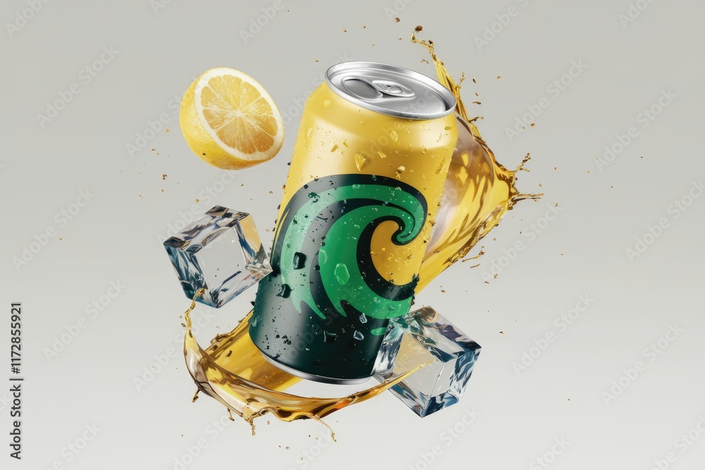 Poster Refreshing lemon-flavored beverage in a can, splashed with liquid and ice cubes.