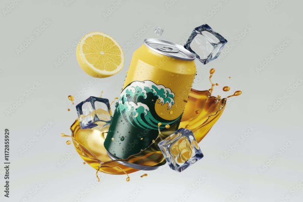 Poster refreshing lemon soda can splashing with ice cubes, summer drink.