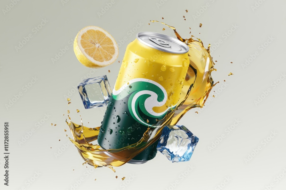 Poster Refreshing lemon-flavored drink in a can, splashing with ice cubes.