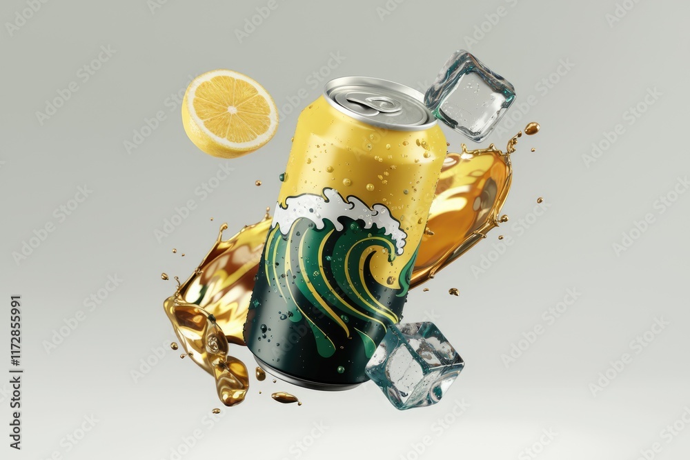 Poster refreshing lemon-flavored canned drink with a wave design, ice cubes, and a splash of liquid.