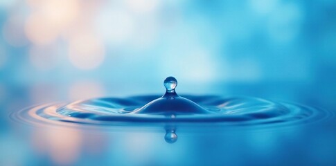 Droplet of water on a mirror's surface - tiny droplet on blue and white background, liquid, serenity, dew