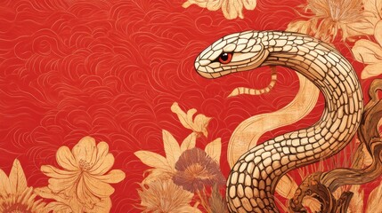 Elegant white snake coiled amidst red floral art deco design.