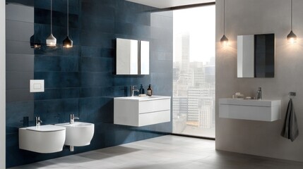 Modern bathroom interior with dark blue tiles and city view
