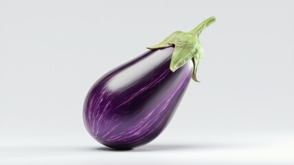 A single, vibrant purple eggplant with visible brushstrokes, isolated on a white background.