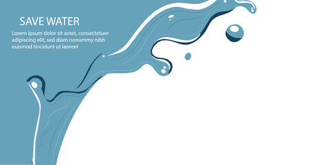 Water Conservation banner isolated on white background. Minimalist blue illustration featuring flowing water shapes and droplets, perfect for environmental conservation campaigns and water awareness