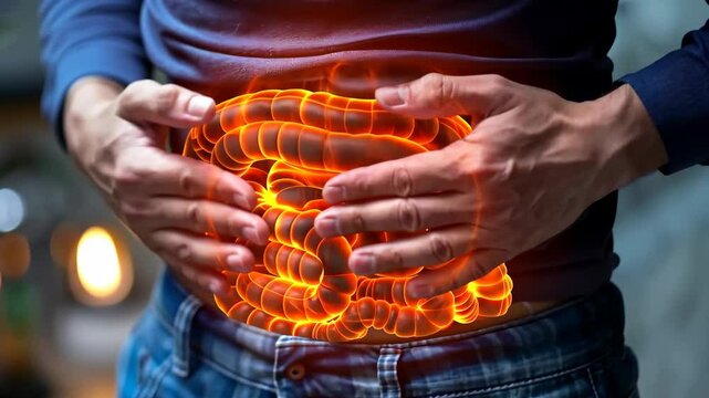 Man suffering from intolerance or food poisoning, stomach ache, abdominal pain, colon problems, gastritis, diarrhea or inflammation. Patient's hand on the belly or abdomen.	