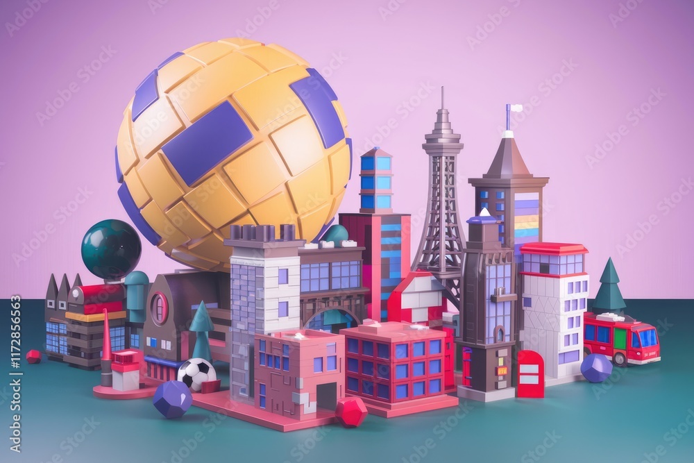 Poster a whimsical 3d model of a city with diverse architecture, a large patterned sphere, and a soccer bal