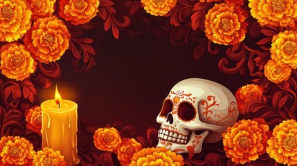 Colorful Skull and Candle with Marigold Flowers in Dark Background