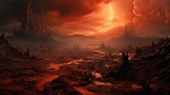 An illustration of hell with red sky