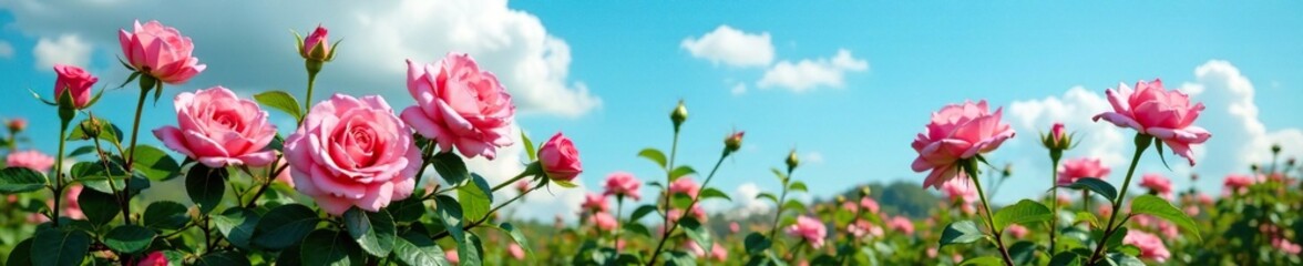 Pink rose bush with green foliage against a blue sky, roses, meadow