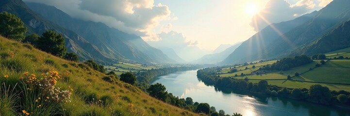 Fototapeta premium Dreamy landscape with a winding river in a serene valley, Calm, Valley, Serene