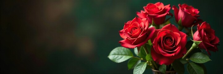 Red roses in a lush floral arrangement with green leaves, rose, vase