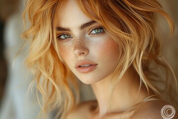 Naklejka premium Ethereal Woman with Delicate Freckles and Golden Hair in a Dreamlike Closeup