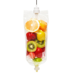 Fruity IV Bag: A health-conscious visual metaphor, a refreshing assortment of vibrant fruit slices, suggests wellness through IV therapy.