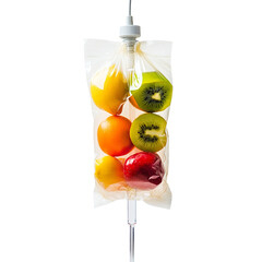 IV Drip Fruit Infusion: A vibrant mix of fresh fruits—kiwi, lemon, orange, and apple—suspended in a clear IV bag, suggesting a healthy and refreshing alternative to traditional intravenous fluids.