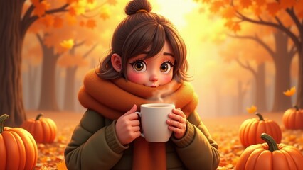 A person wrapped in a warm scarf holding a hot mug of tea, surrounded by fallen autumn leaves and pumpkins on the ground