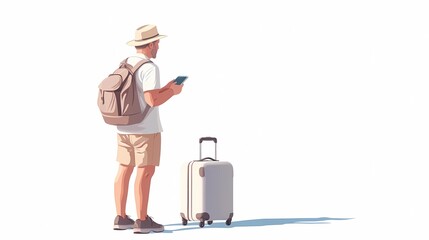 Fototapeta premium Traveler holding a phone with suitcase, modern tourism stock concept.