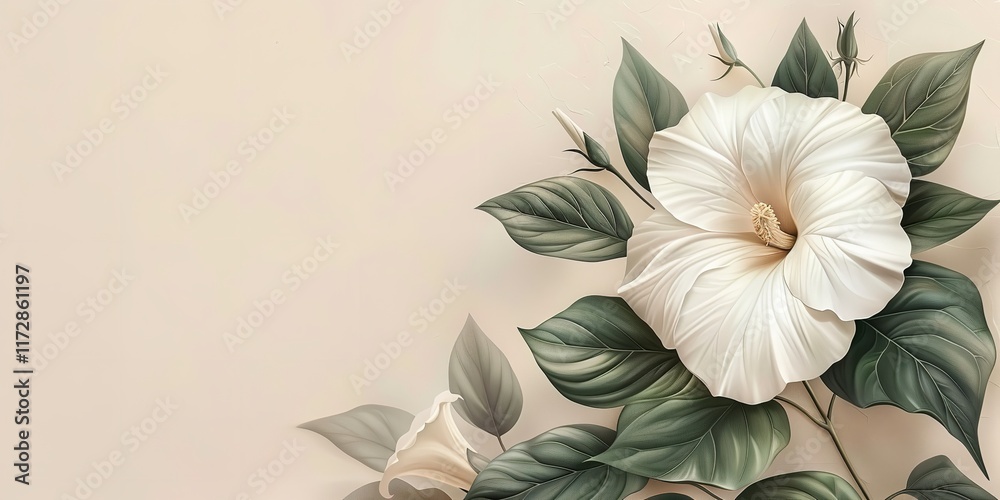 Fototapete a close-up of a representation of a moonflower on a light beige backdrop with an extensive area for 