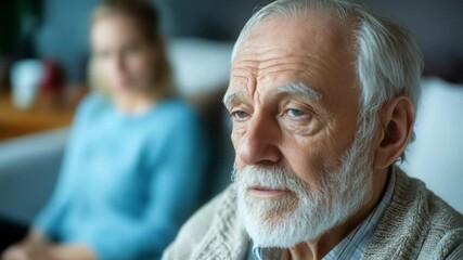 Elderly man with white beard undergoing psychotherapy, actively listening to his psychologist during a session, seeking support and guidance for mental well being