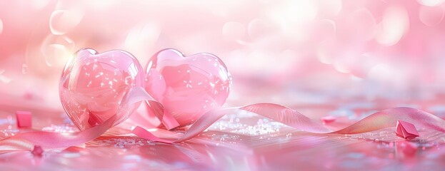 Delicate heart-shaped glass ornaments surrounded by soft pink hues create a romantic ambiance for special celebrations or gatherings