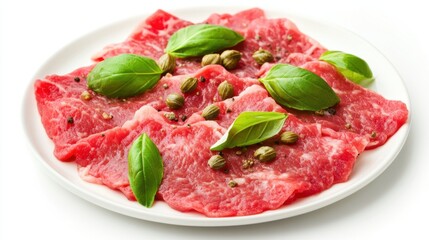 Freshly Sliced Raw Beef on White Plate with Green Herbs and Spices