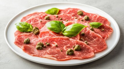 Fresh Sliced Beef Carpaccio with Basil and Capers on White Plate
