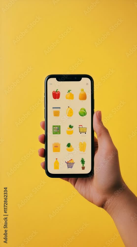 Poster hand holding a smartphone displaying a grocery shopping app with various food items, showcasing the 