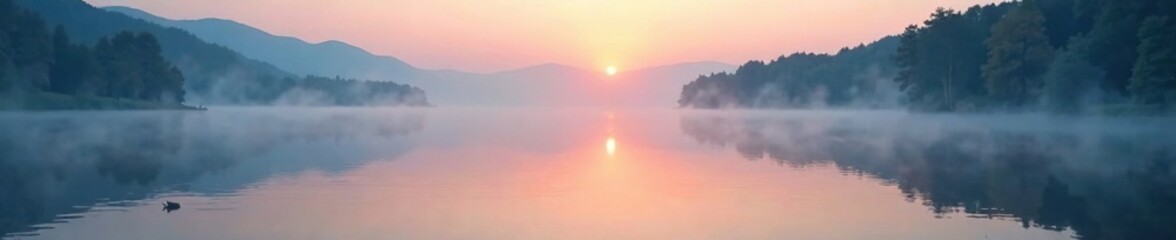 Fototapeta premium Serene lake surface reflects misty dawn sky with gentle ripples, natural, serene
