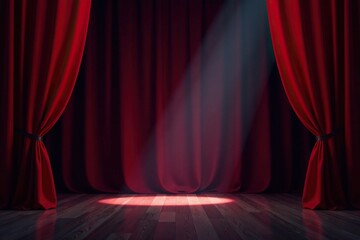 Softly glowing stage against crimson silk curtains, night scene, glow, ambiance