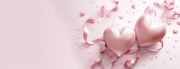 Heartfelt celebration with elegant pink hearts and delicate ribbons on a soft pastel backdrop