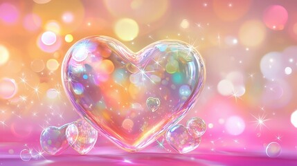 Rainbow heart bubbles, sparkling bokeh background