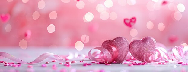 Delicate pink hearts surrounded by shimmering confetti and ribbons create a romantic atmosphere for a celebration of love