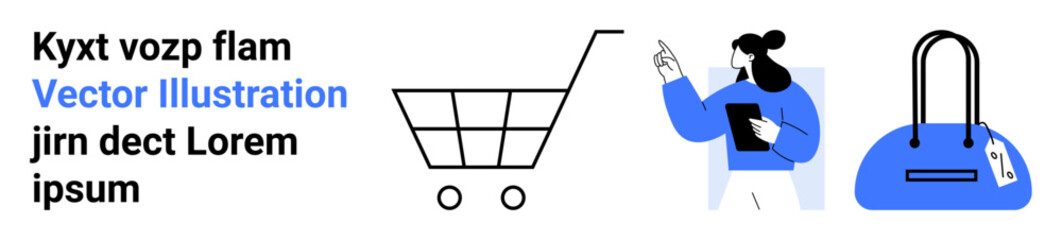 Woman with tablet standing near a shopping cart and handbag. Ideal for online shopping, e-commerce, retail, digital purchases, fashion branding, customer behavior, marketing strategies. Landing page